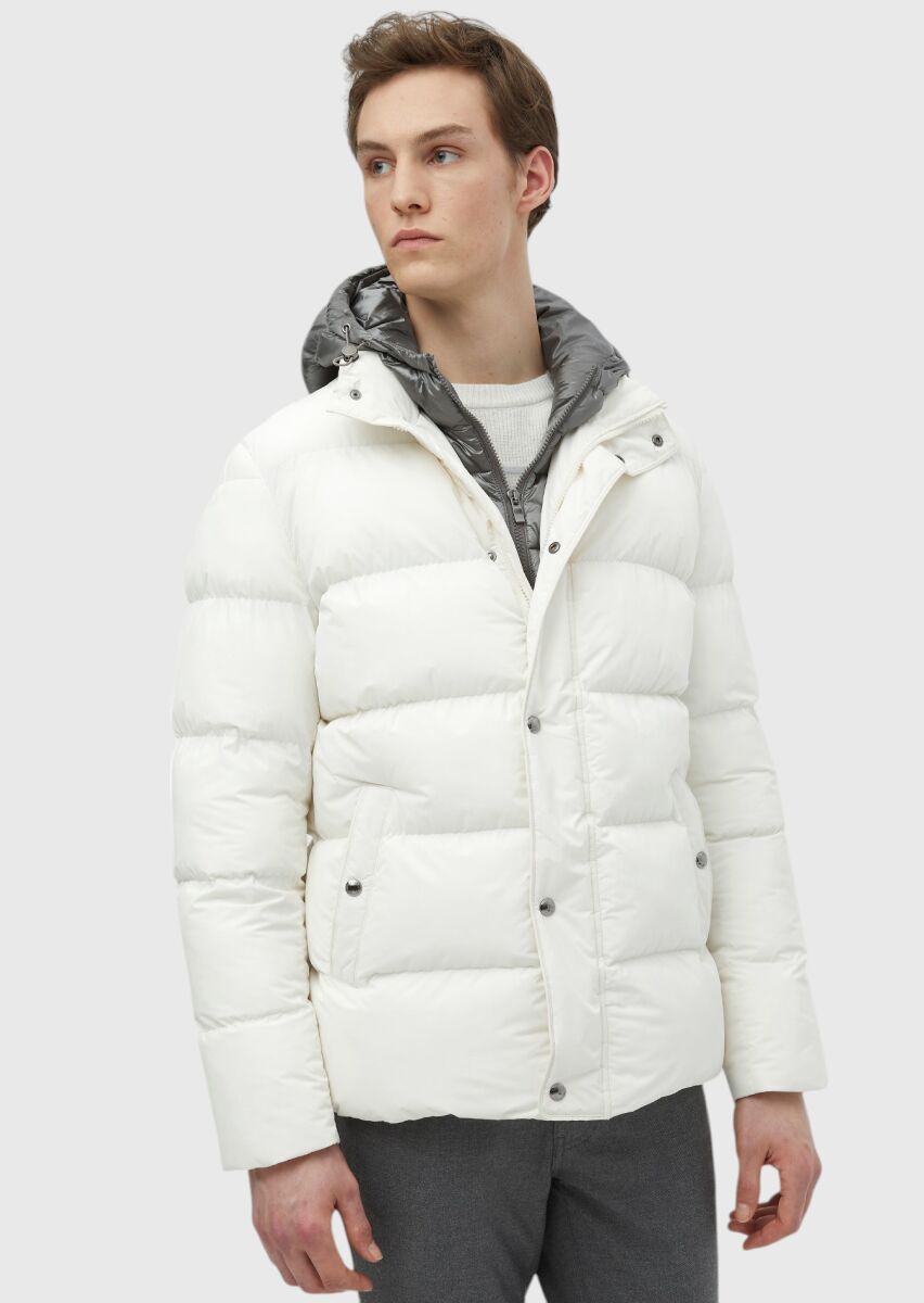 Ekru Regular Fit Kapüşonlu Casual Dokuma Mont - 3