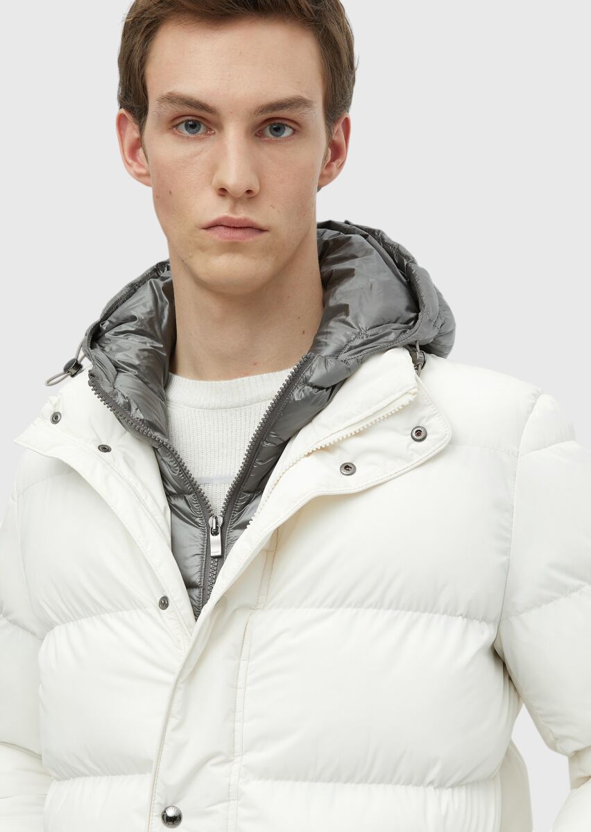 Ekru Regular Fit Kapüşonlu Casual Dokuma Mont - 4