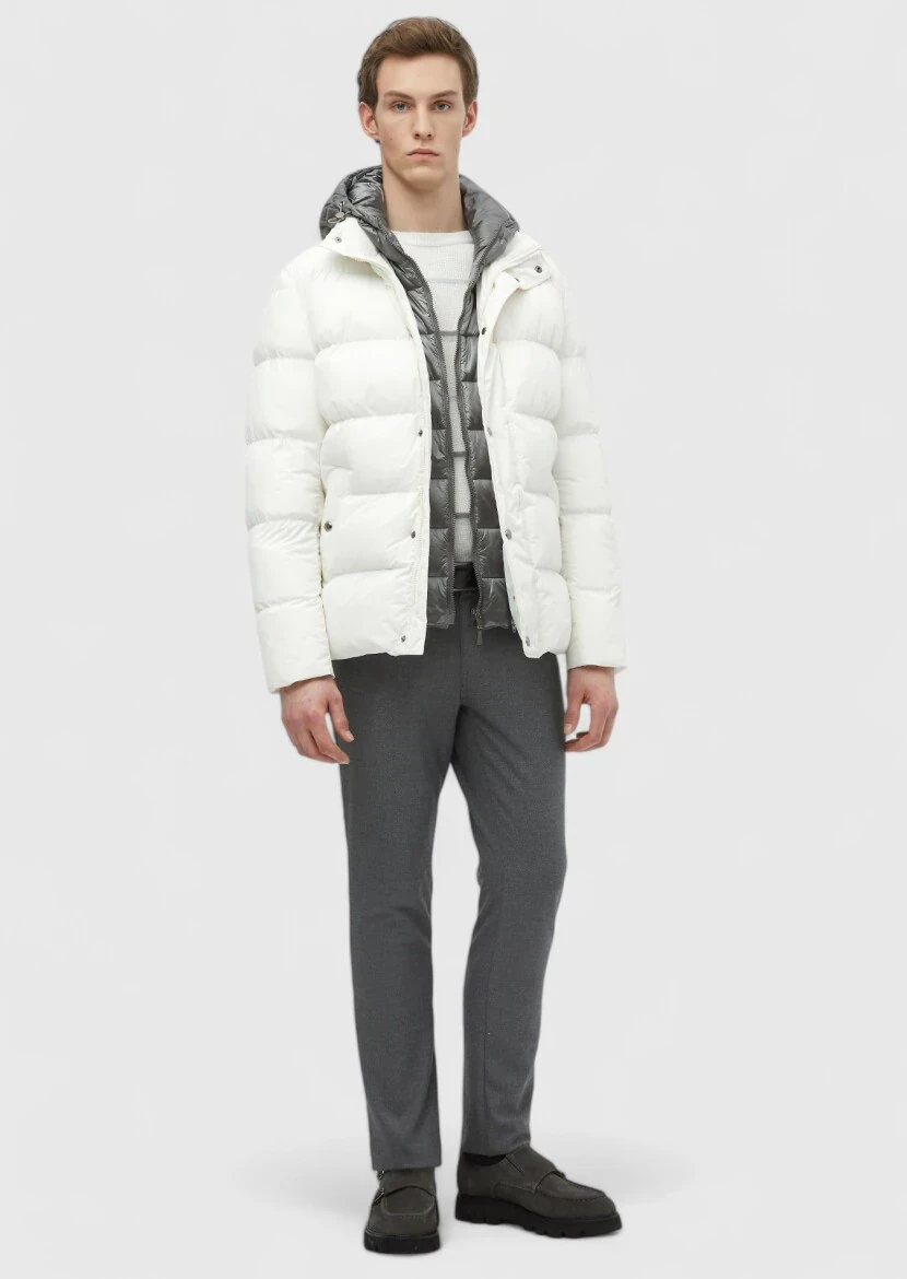 Ekru Regular Fit Kapüşonlu Casual Dokuma Mont - 2