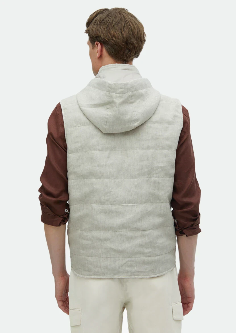 Ekru Regular Fit Kapüşonlu Casual Dokuma Spor Yelek - 7