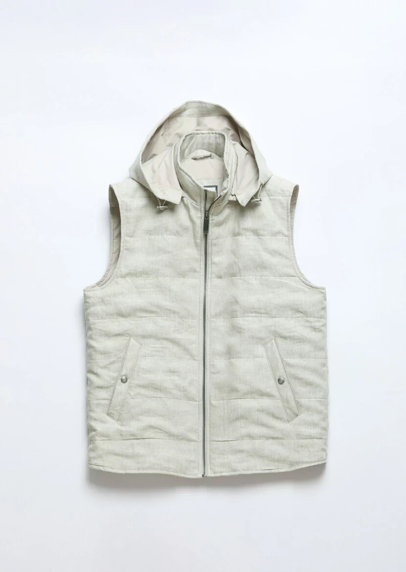 Ekru Regular Fit Kapüşonlu Casual Dokuma Spor Yelek - 8