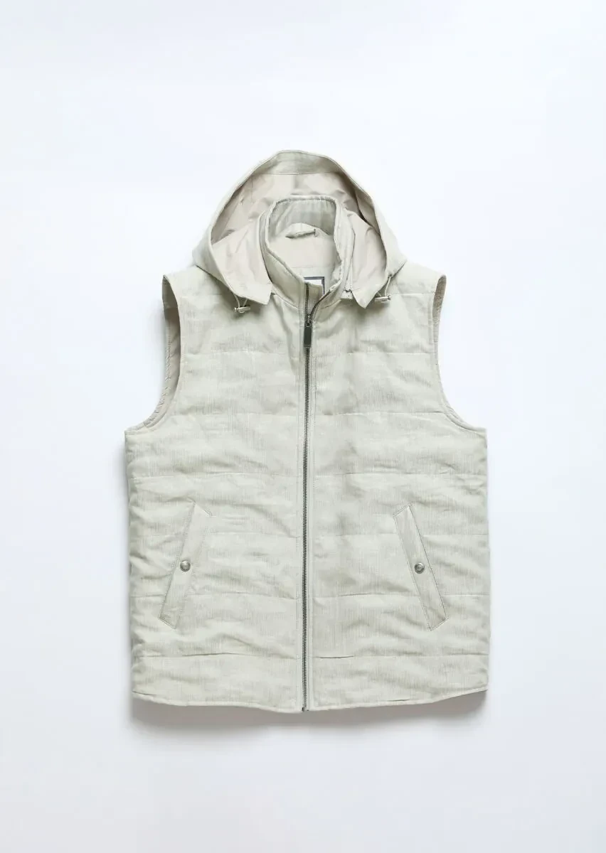 Ekru Regular Fit Kapüşonlu Casual Dokuma Spor Yelek - 8