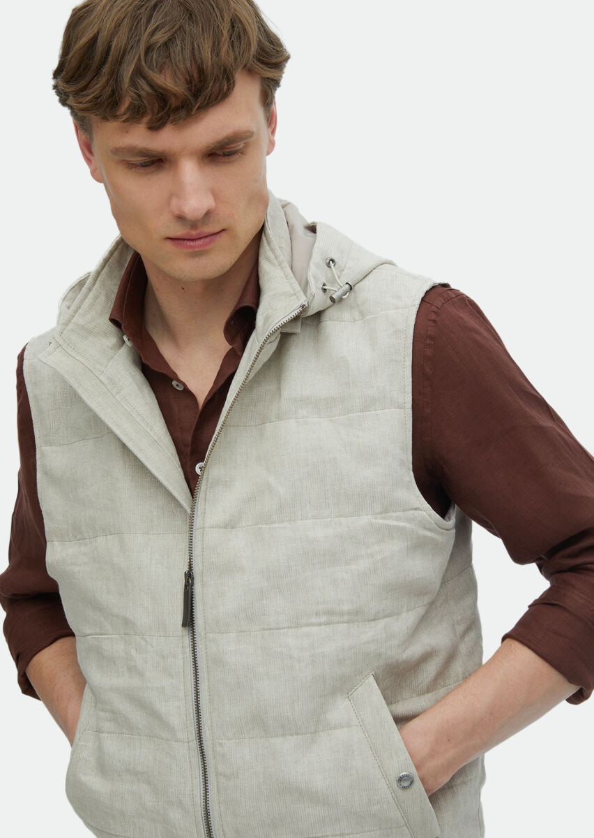 Ekru Regular Fit Kapüşonlu Casual Dokuma Spor Yelek - 3