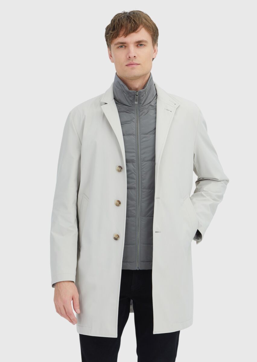 Ekru Regular Fit Kruvaze Yaka Casual Dokuma Pardösü - 1