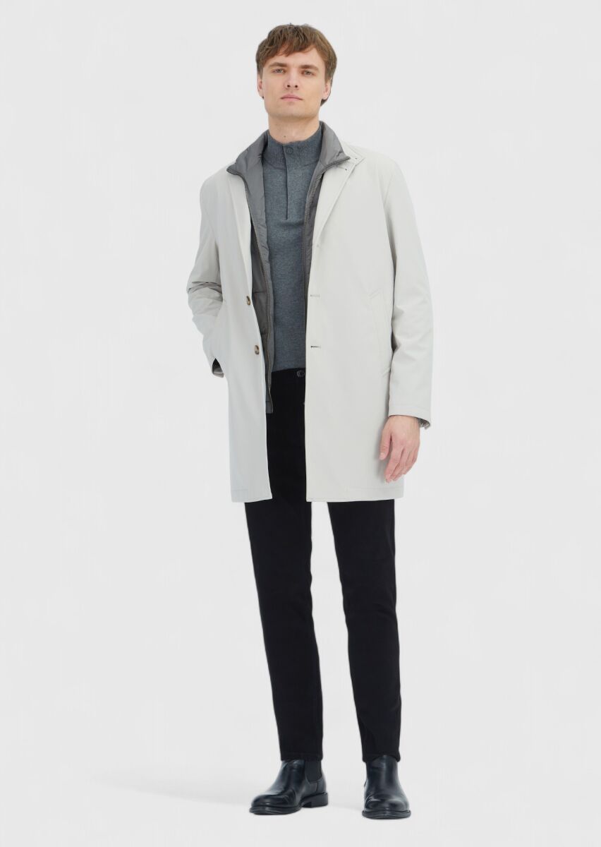 Ekru Regular Fit Kruvaze Yaka Casual Dokuma Pardösü - 2