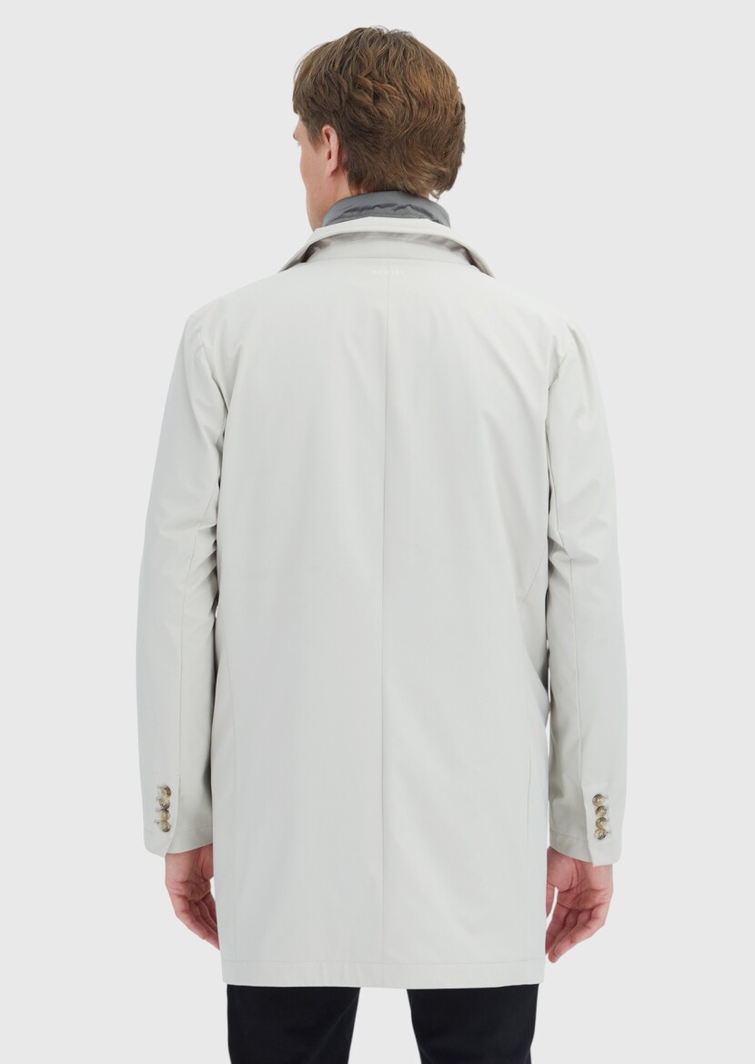 Ekru Regular Fit Kruvaze Yaka Casual Dokuma Pardösü - 5