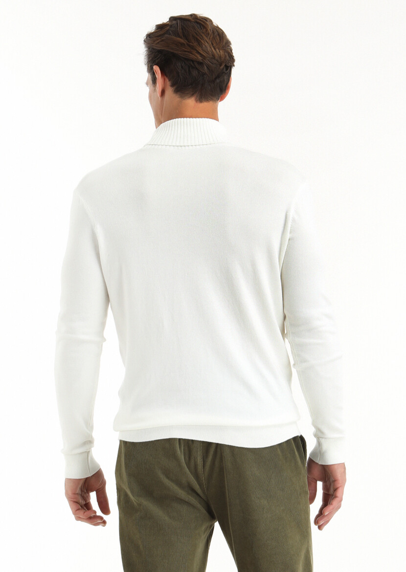Ekru Tam Balıkçı Yaka Düz Örgü Yün Karışımlı Triko Kazak - 3