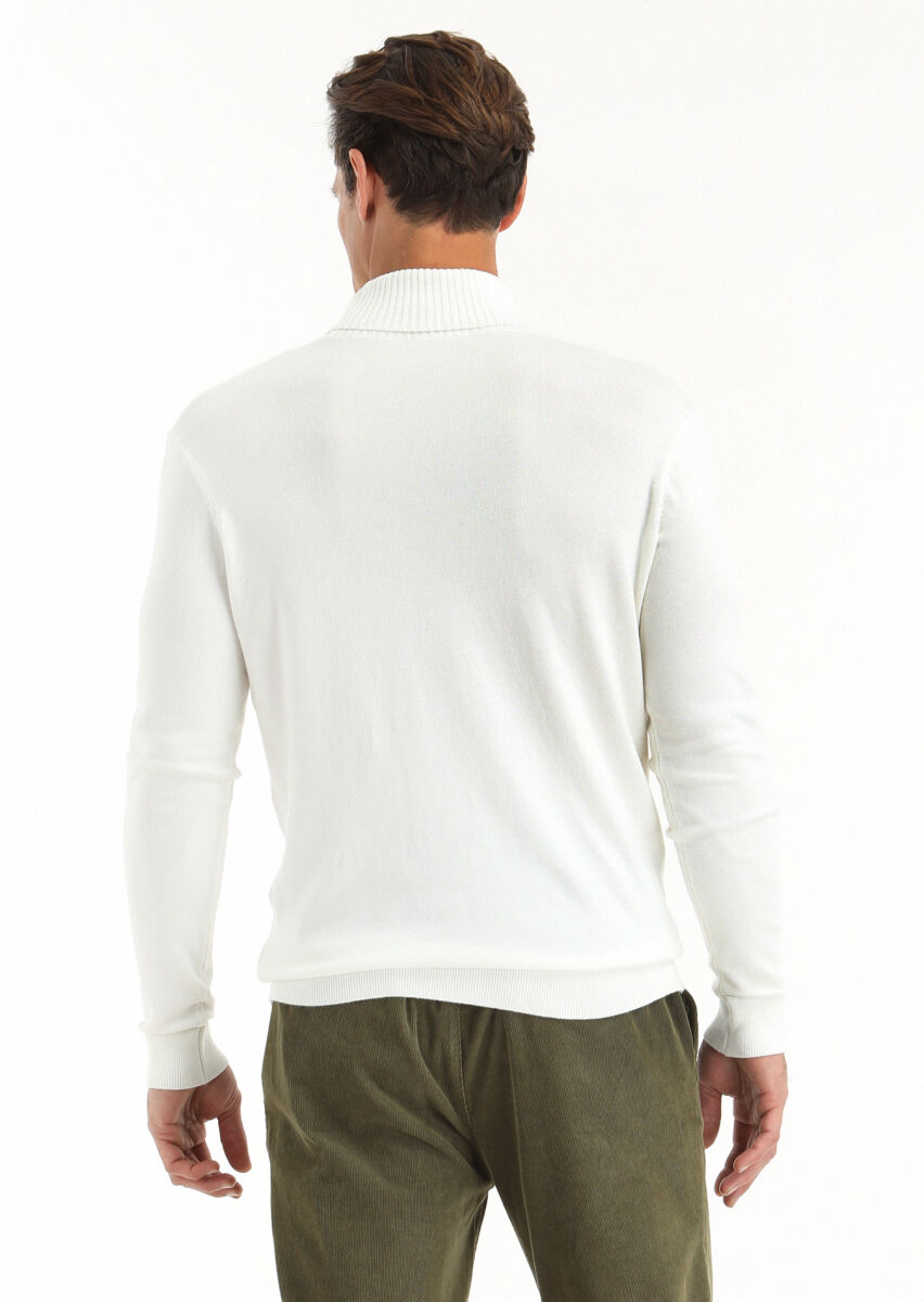 Ekru Tam Balıkçı Yaka Düz Örgü Yün Karışımlı Triko Kazak - 3