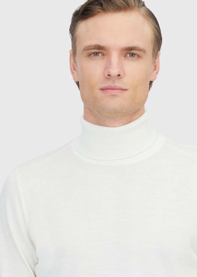 Ekru Tam Balıkçı Yaka Düz Örgü Yün Karışımlı Triko Kazak - 4