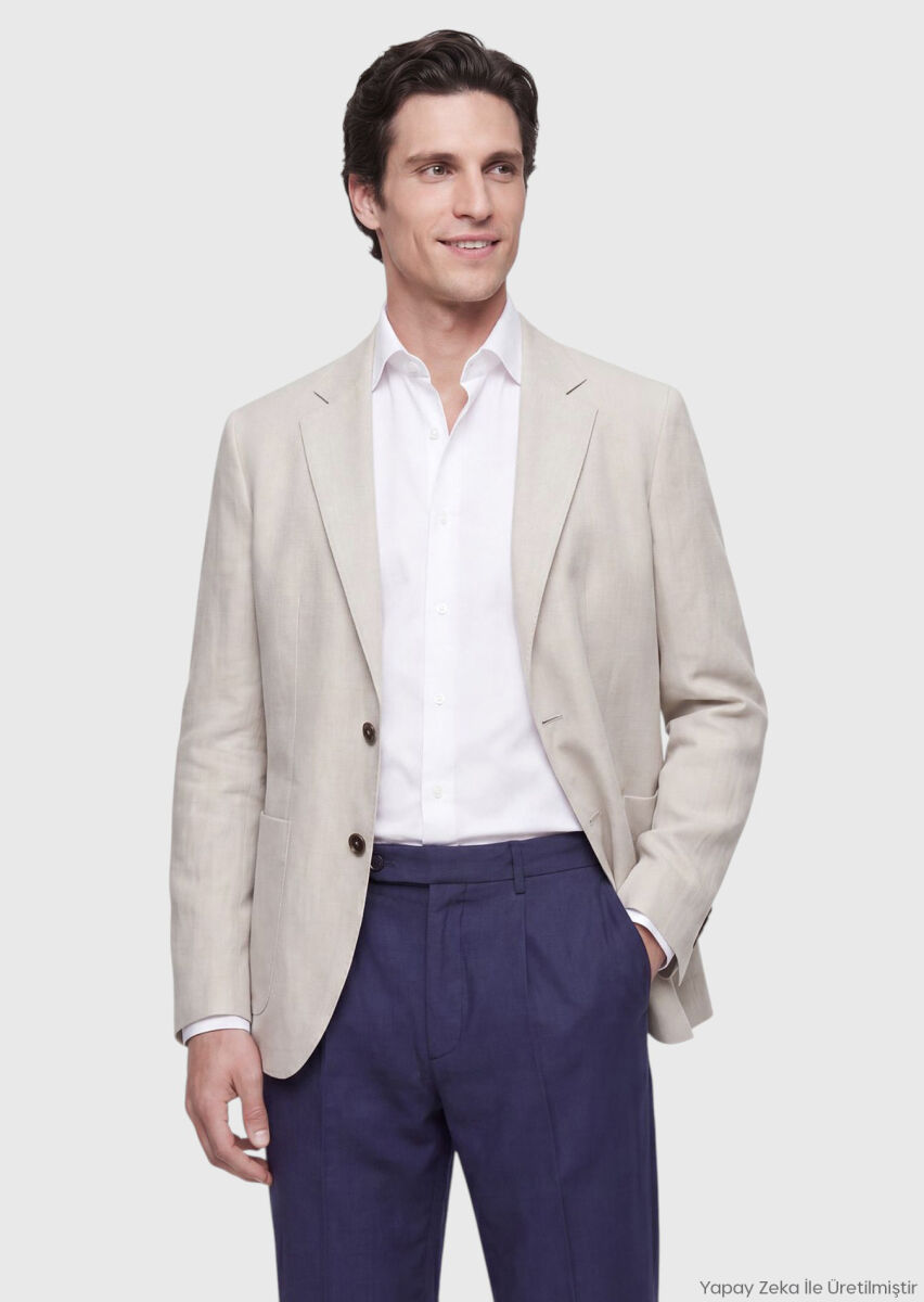 RAMSEY Ekru Zeroweight Slim Fit %100 Keten Ceket