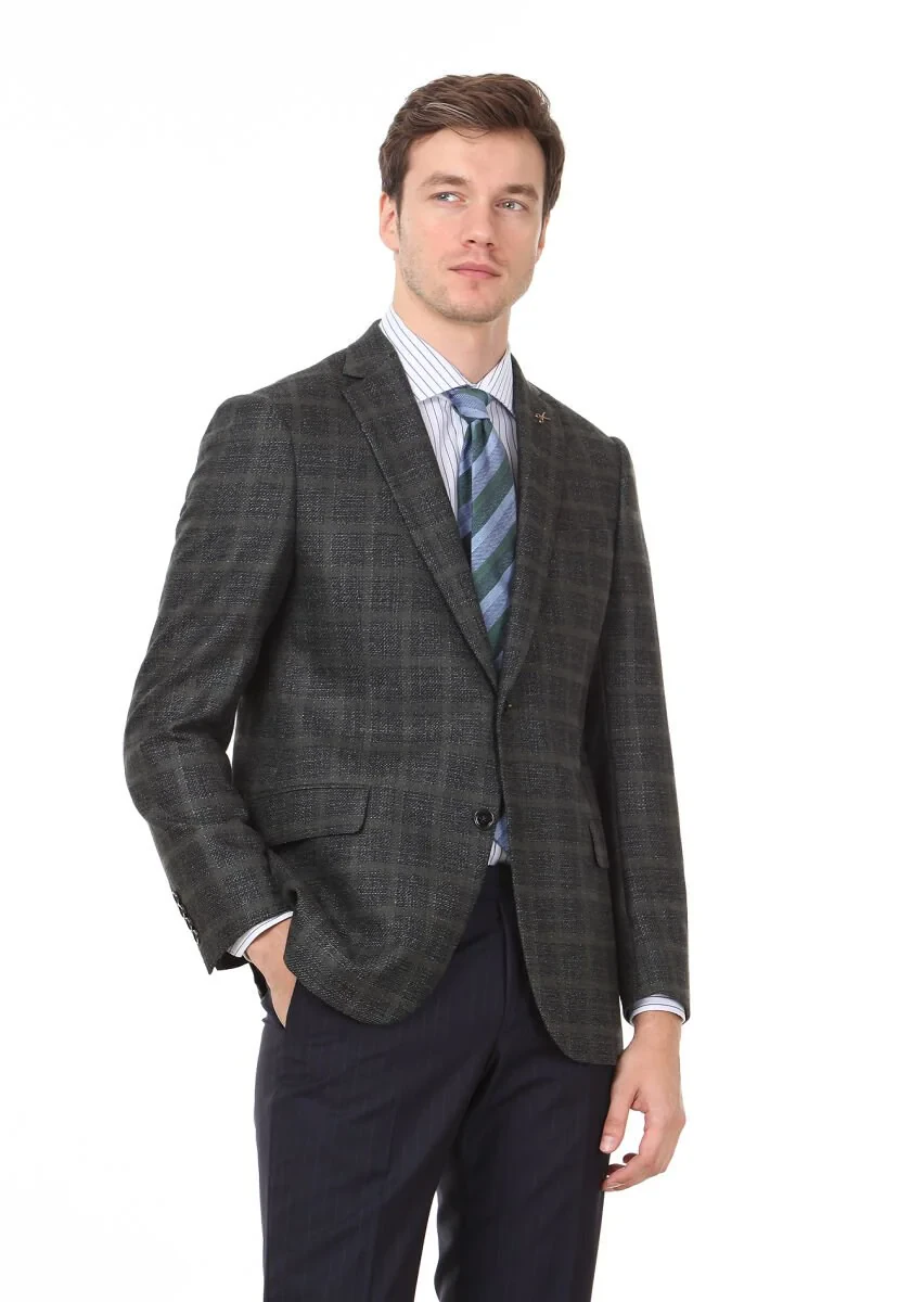 Green Checkered Regular Fit Silk Blended Jacket - 1