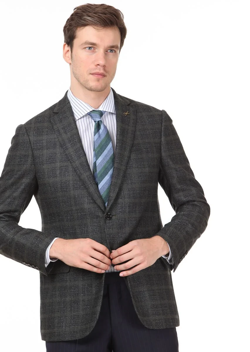 Green Checkered Regular Fit Silk Blended Jacket - 2