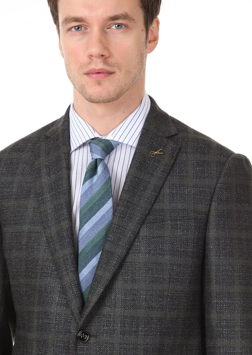 Green Checkered Regular Fit Silk Blended Jacket - 3