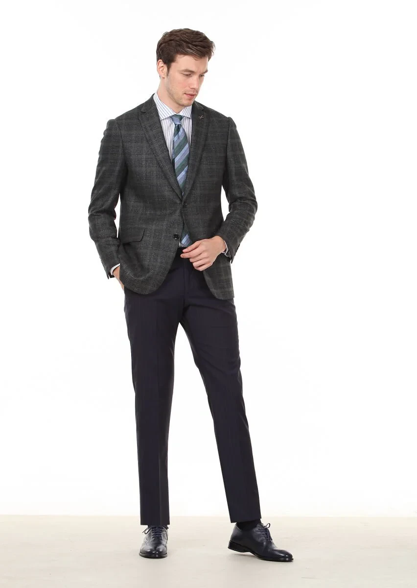 Green Checkered Regular Fit Silk Blended Jacket - 4