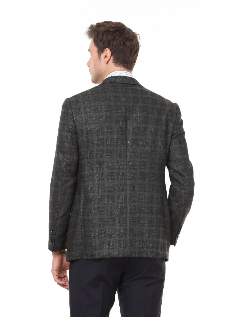 Green Checkered Regular Fit Silk Blended Jacket - 5