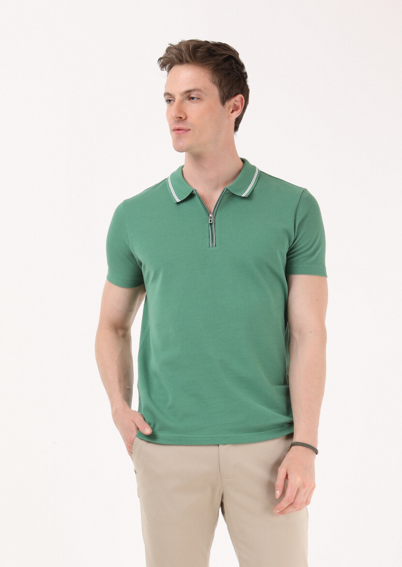 Green Jacquard Polo Neck 100% Cotton T-Shirt - 1