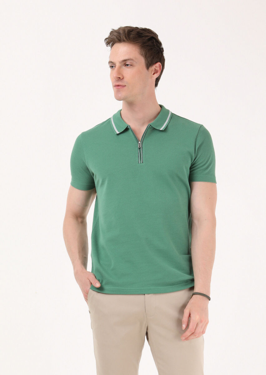 Green Jacquard Polo Neck 100% Cotton T-Shirt - 1