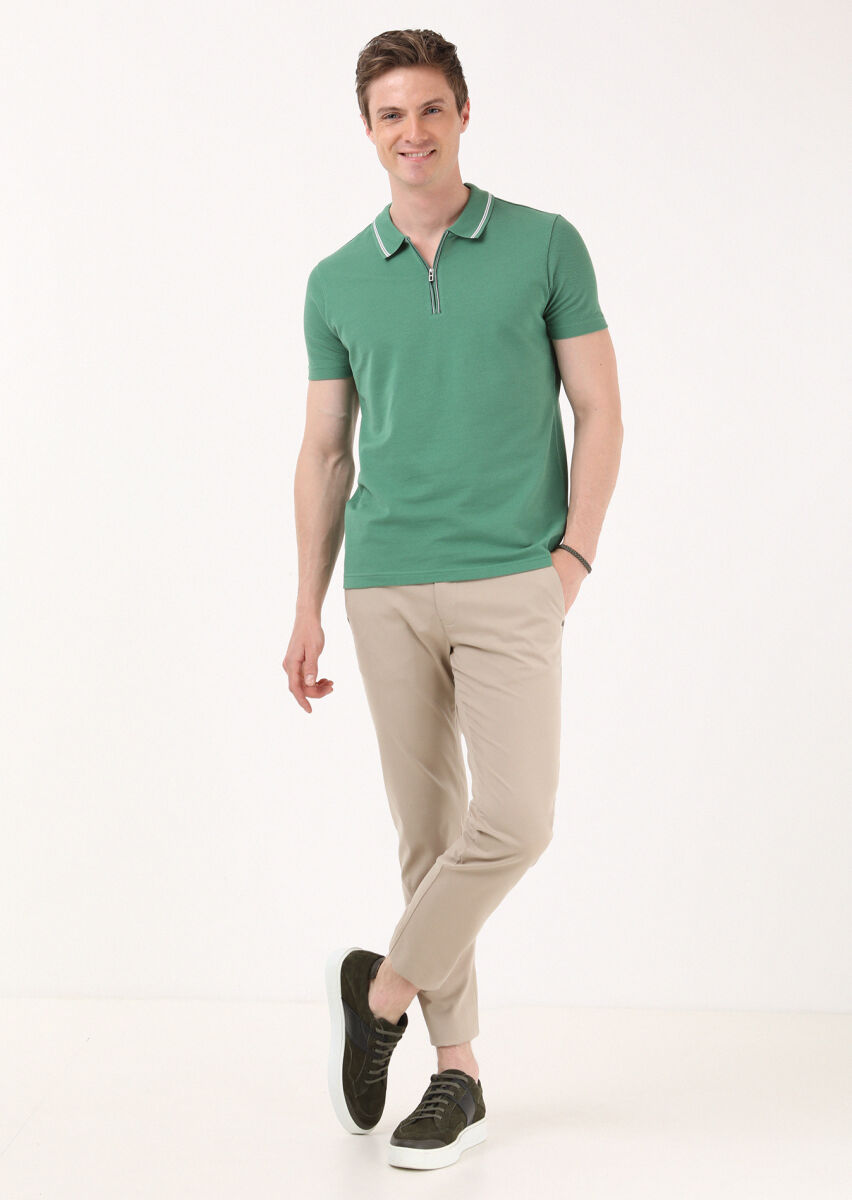 Green Jacquard Polo Neck 100% Cotton T-Shirt - 2