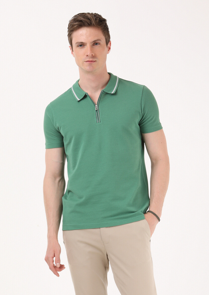 Green Jacquard Polo Neck 100% Cotton T-Shirt - 4