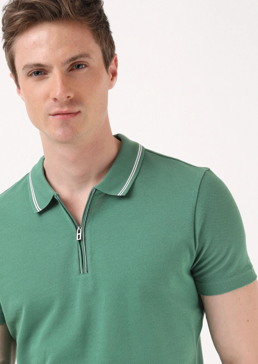 Green Jacquard Polo Neck 100% Cotton T-Shirt - 3