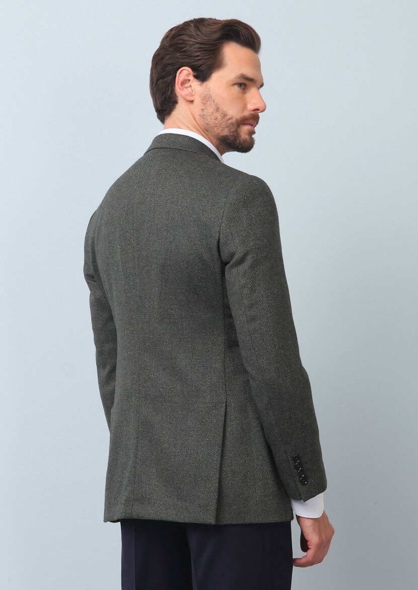 Green Micro Regular Fit Silk Blended Jacket - 5
