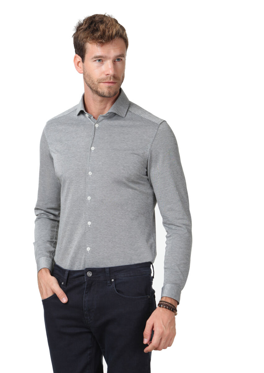 Green Patterned Slim Fit Long Knitting Casual 100% Cotton Shirt - 1