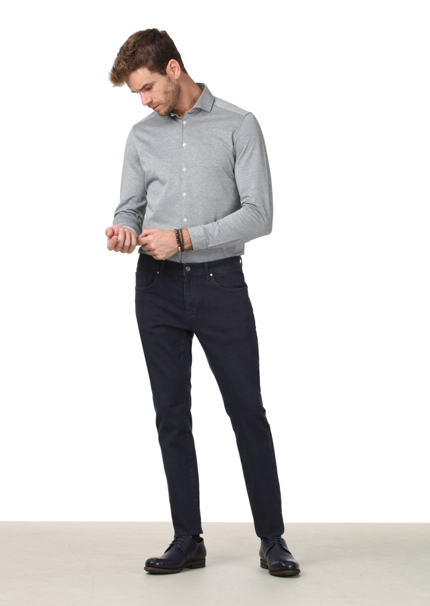 Green Patterned Slim Fit Long Knitting Casual 100% Cotton Shirt - 2