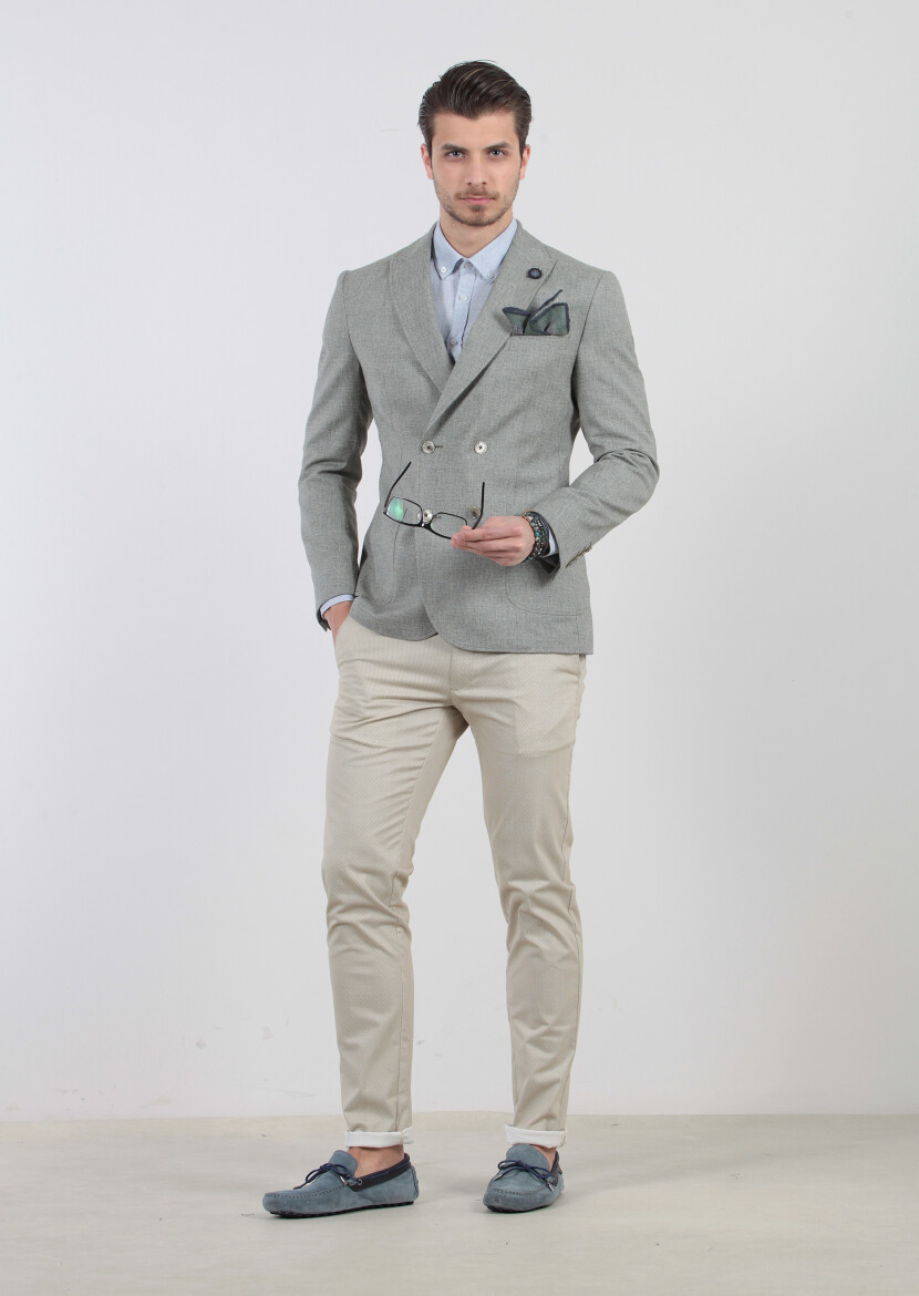 Green Patterned Zeroweight-Slim Fit Wool Blended Jacket - 3