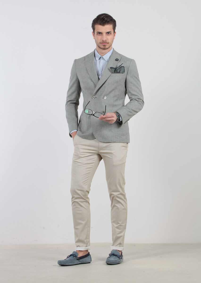 Green Patterned Zeroweight-Slim Fit Wool Blended Jacket - 3
