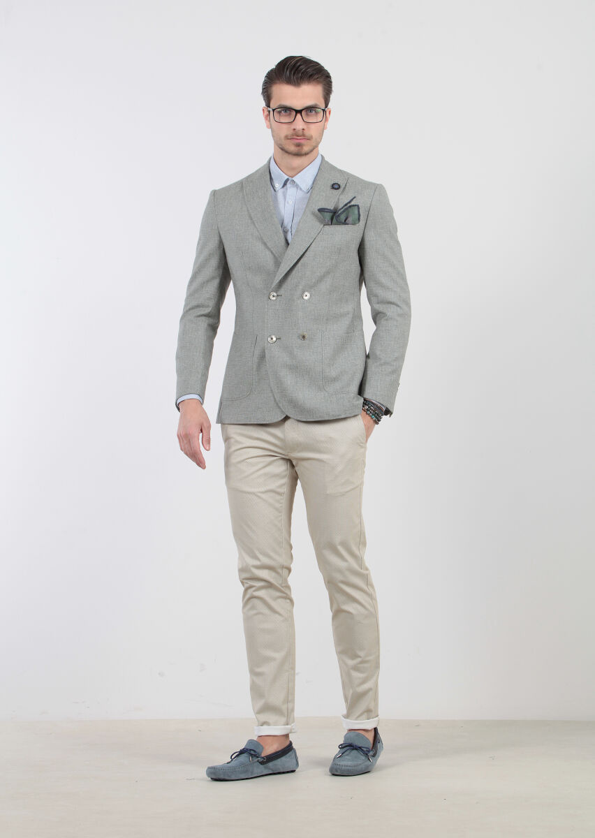 Green Patterned Zeroweight-Slim Fit Wool Blended Jacket - 4