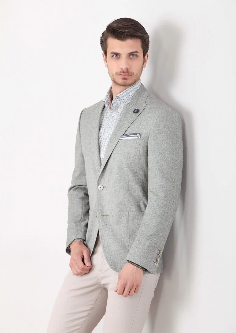 Green Patterned Zeroweight-Slim Fit Wool Blended Jacket - 1