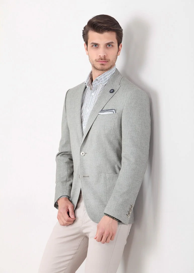 Green Patterned Zeroweight-Slim Fit Wool Blended Jacket - 1