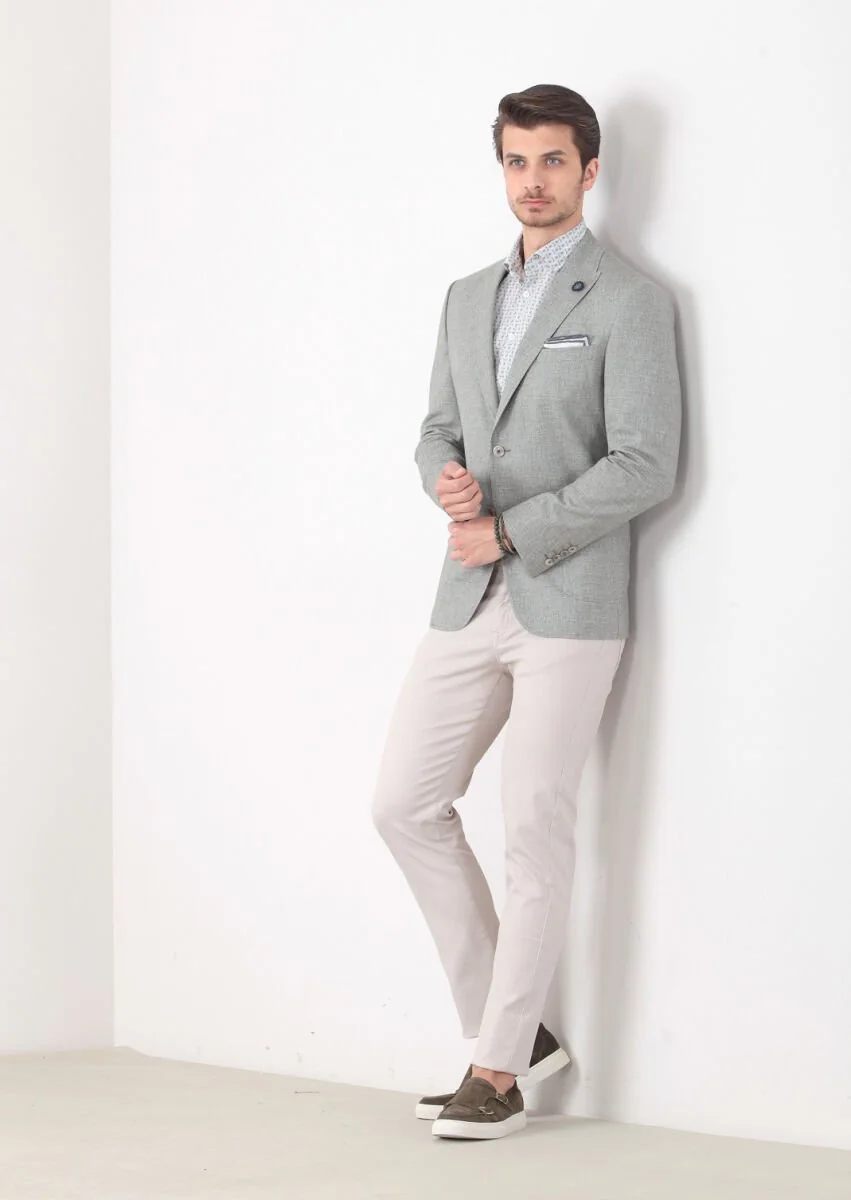 Green Patterned Zeroweight-Slim Fit Wool Blended Jacket - 2