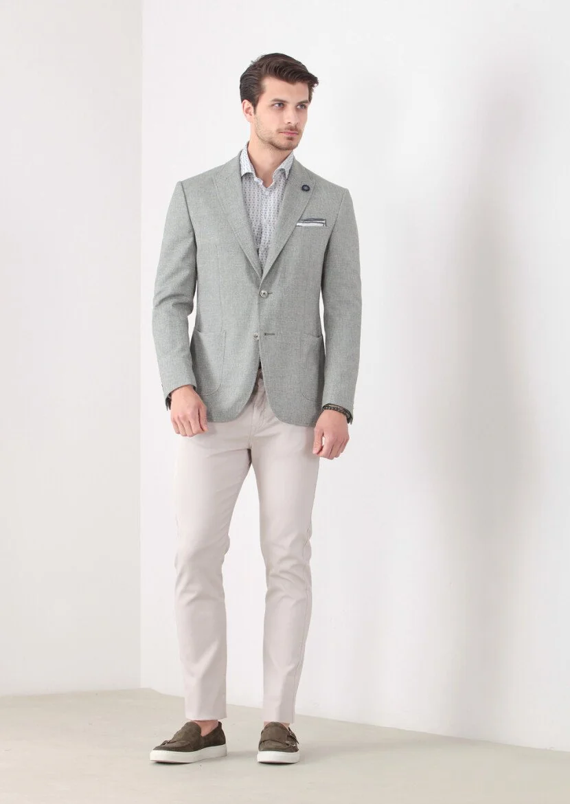 Green Patterned Zeroweight-Slim Fit Wool Blended Jacket - 3