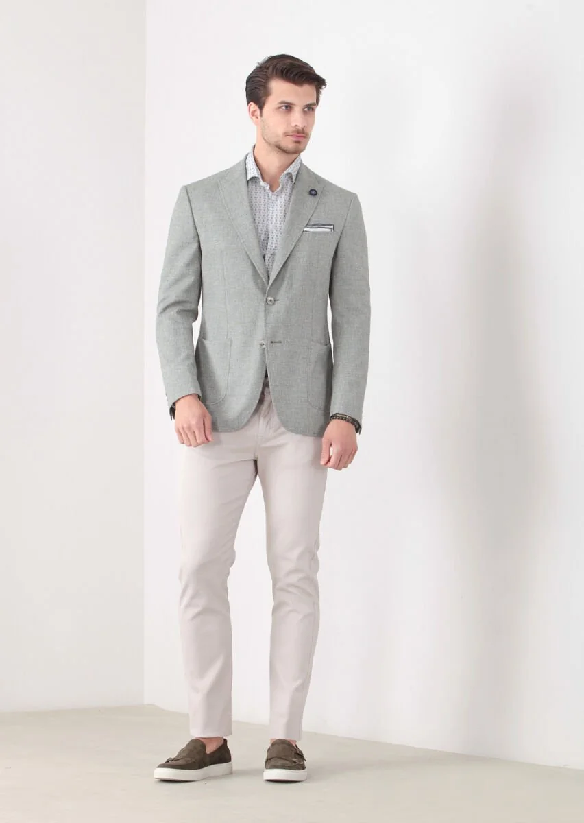 Green Patterned Zeroweight-Slim Fit Wool Blended Jacket - 3