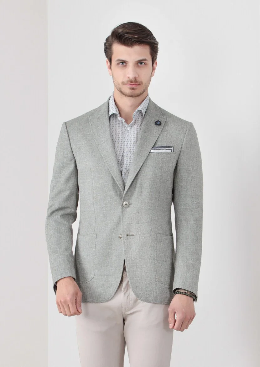 Green Patterned Zeroweight-Slim Fit Wool Blended Jacket - 4