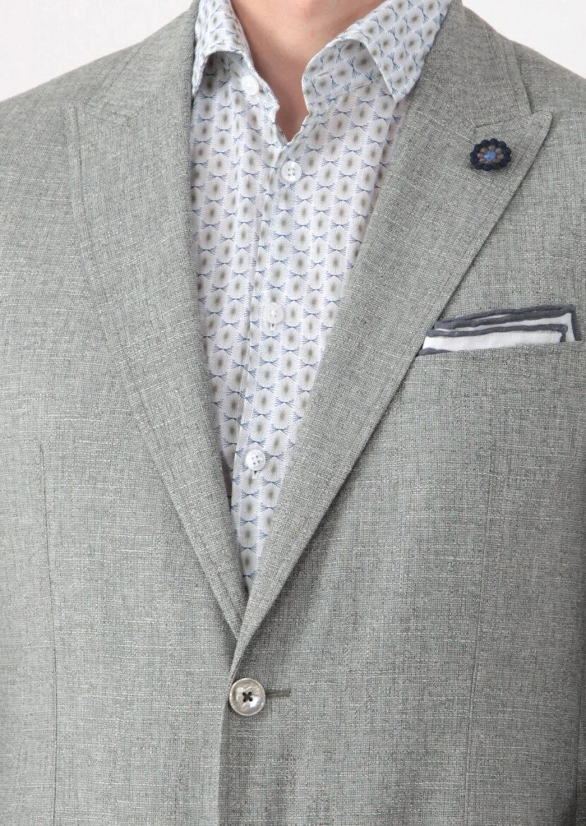 Green Patterned Zeroweight-Slim Fit Wool Blended Jacket - 5