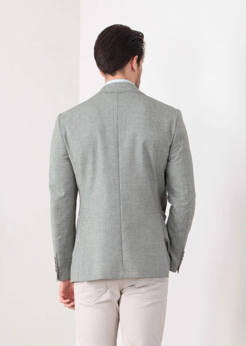 Green Patterned Zeroweight-Slim Fit Wool Blended Jacket - 6