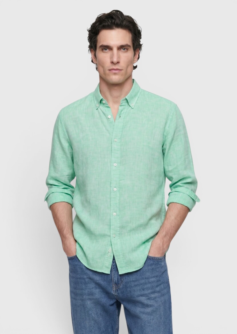 Green Plain Casual Fit Long Weaving Casual 100% Linen Shirt - RAMSEY