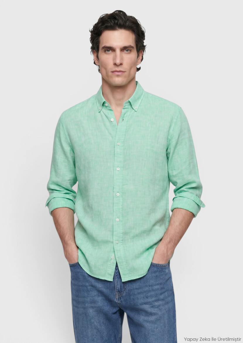 Green Plain Casual Fit Long Weaving Casual 100% Linen Shirt - RAMSEY