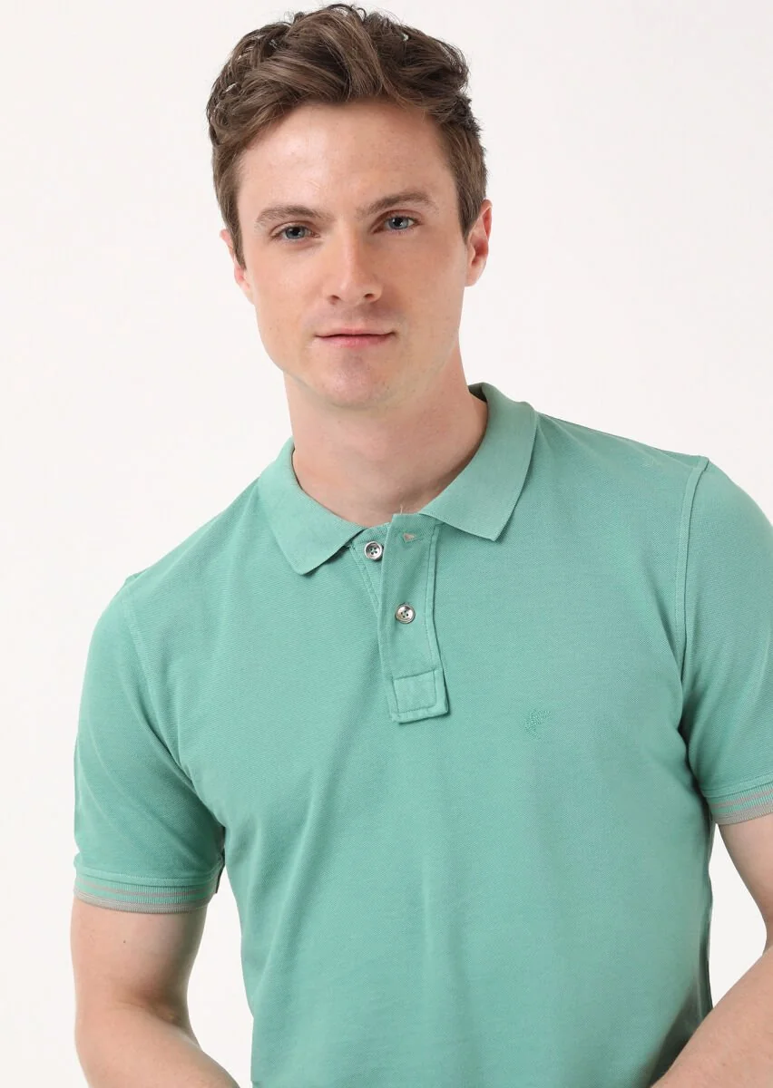 Green Plain Polo Neck 100% Cotton T-Shirt - 2
