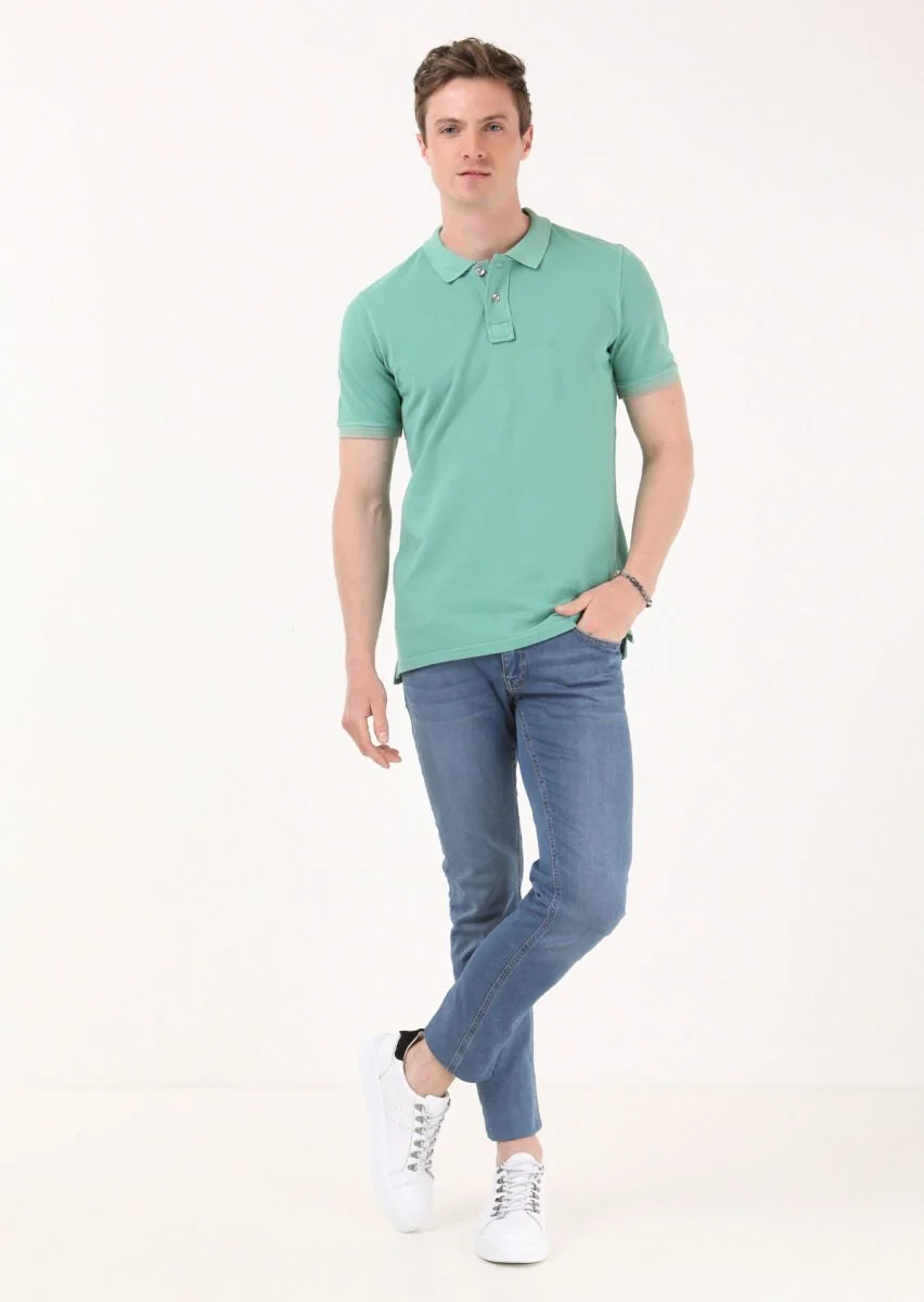 Green Plain Polo Neck 100% Cotton T-Shirt - 3