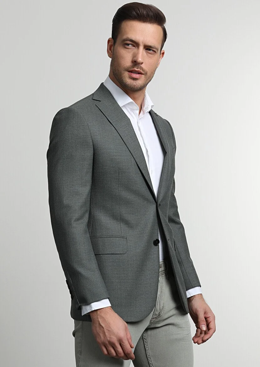 Green Plain Regular Fit 100% Wool Jacket - 1