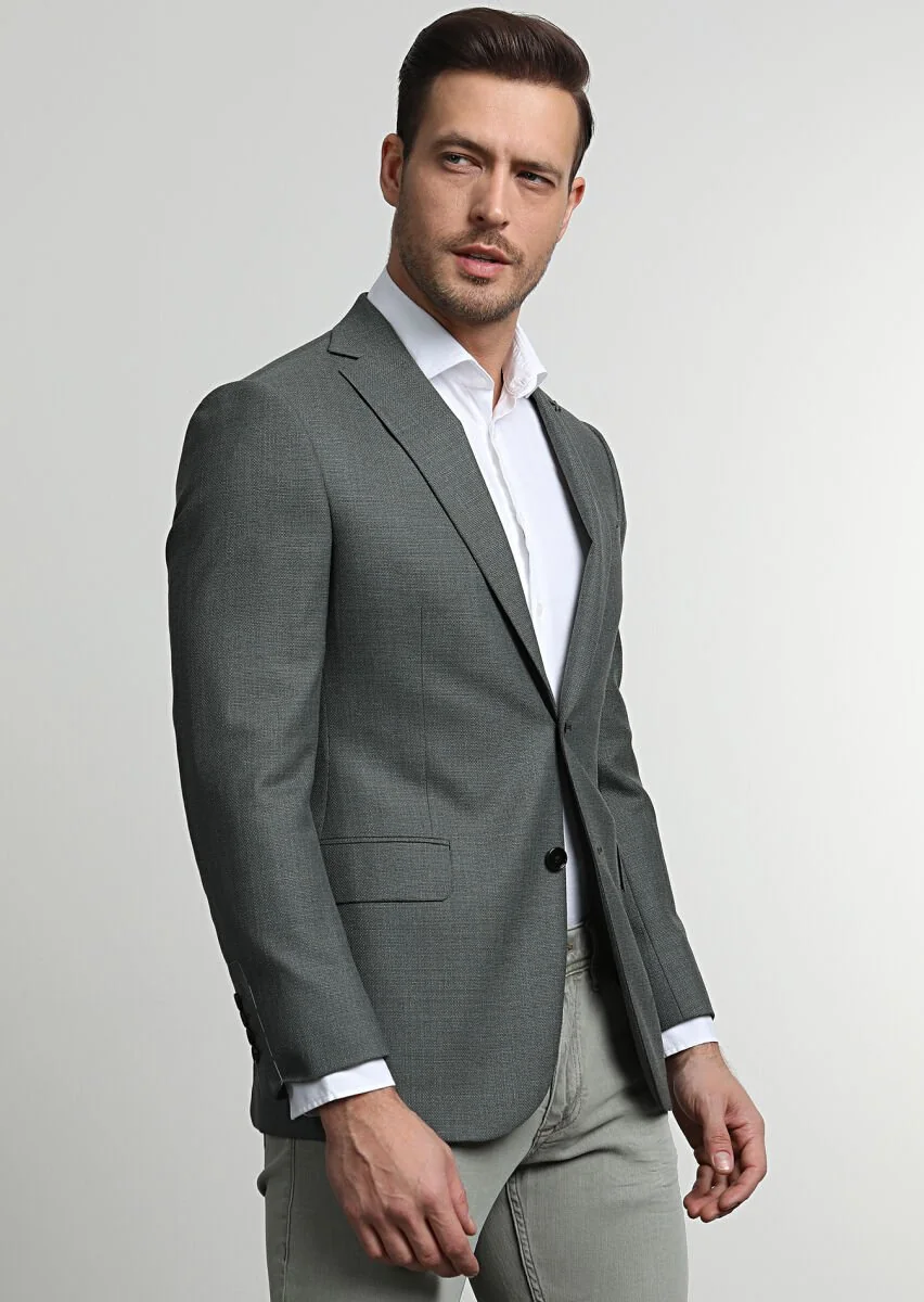 Green Plain Regular Fit 100% Wool Jacket - 1