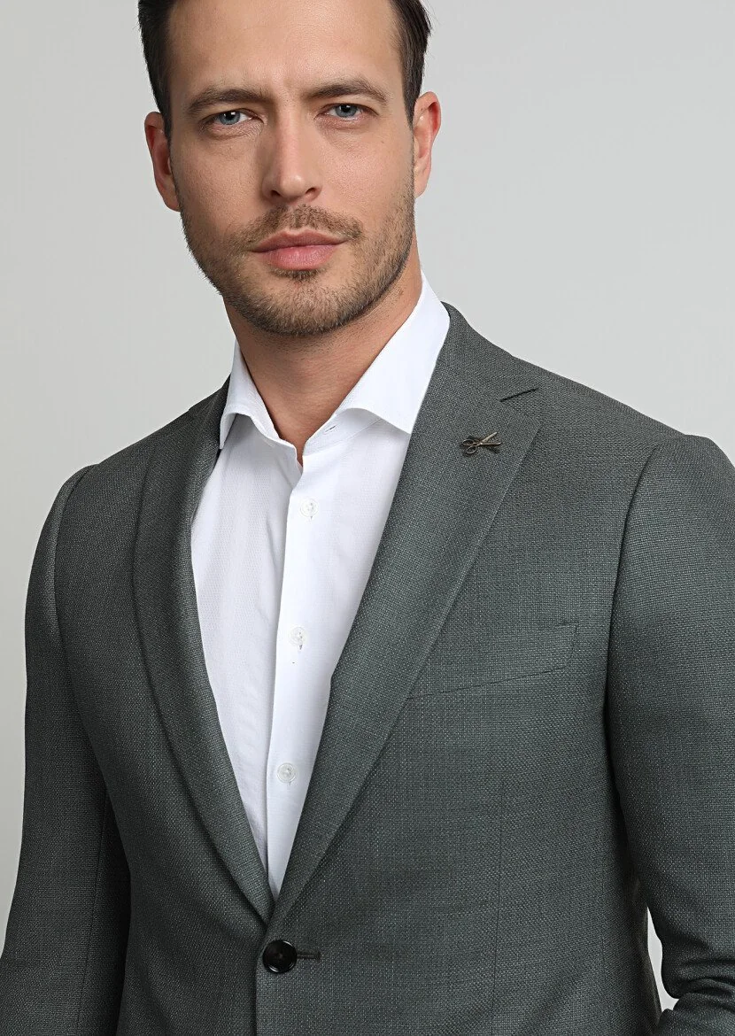 Green Plain Regular Fit 100% Wool Jacket - 2
