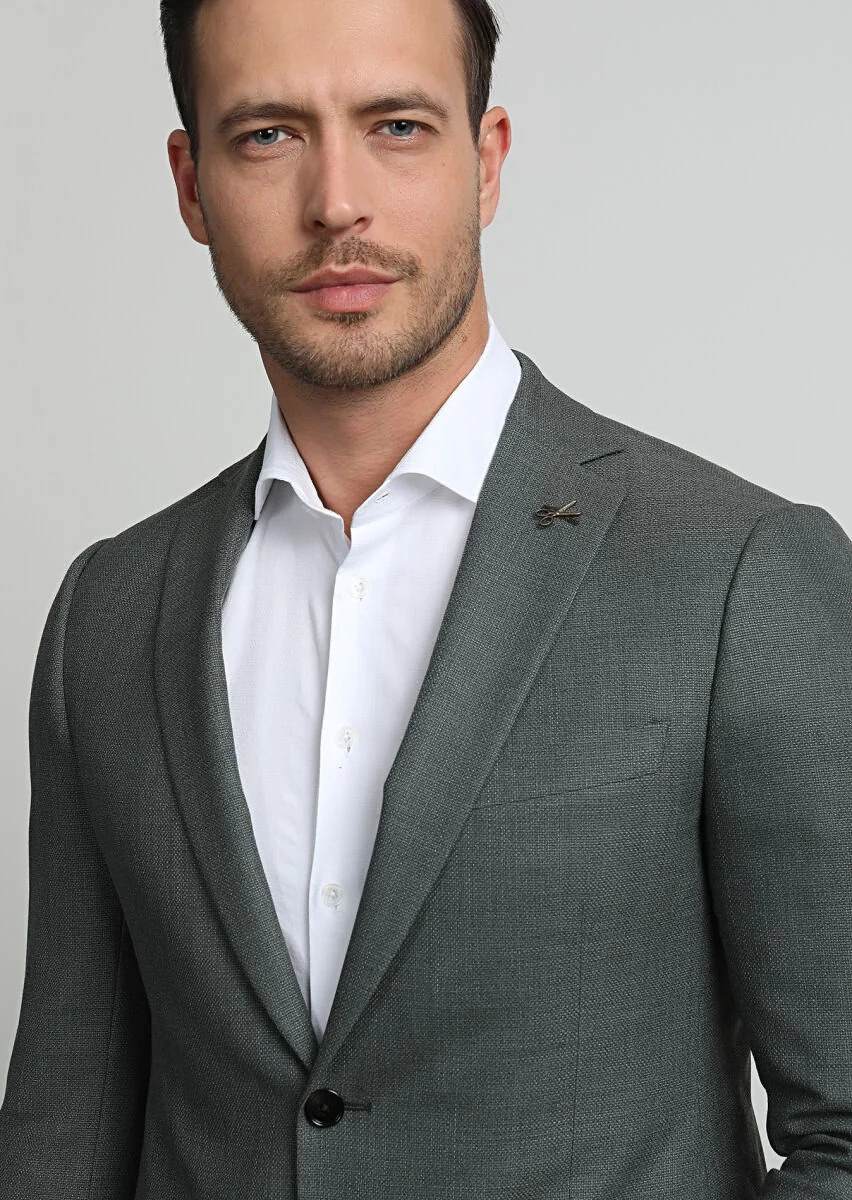 Green Plain Regular Fit 100% Wool Jacket - 2