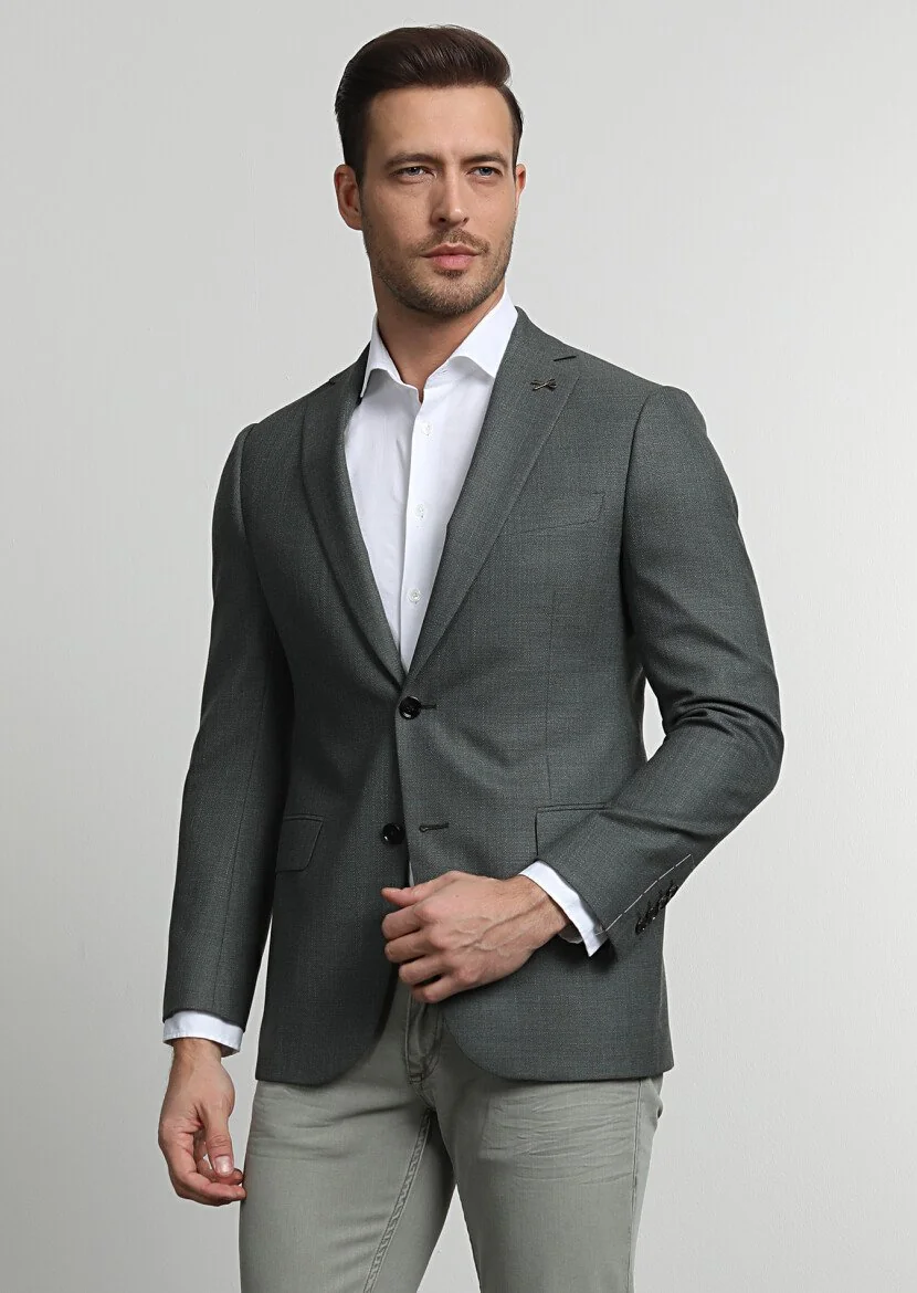 Green Plain Regular Fit 100% Wool Jacket - 3