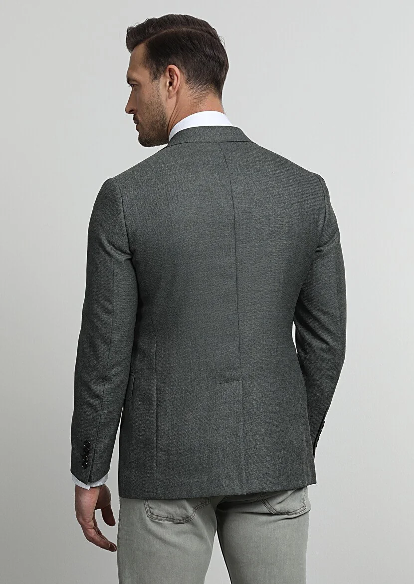 Green Plain Regular Fit 100% Wool Jacket - 4