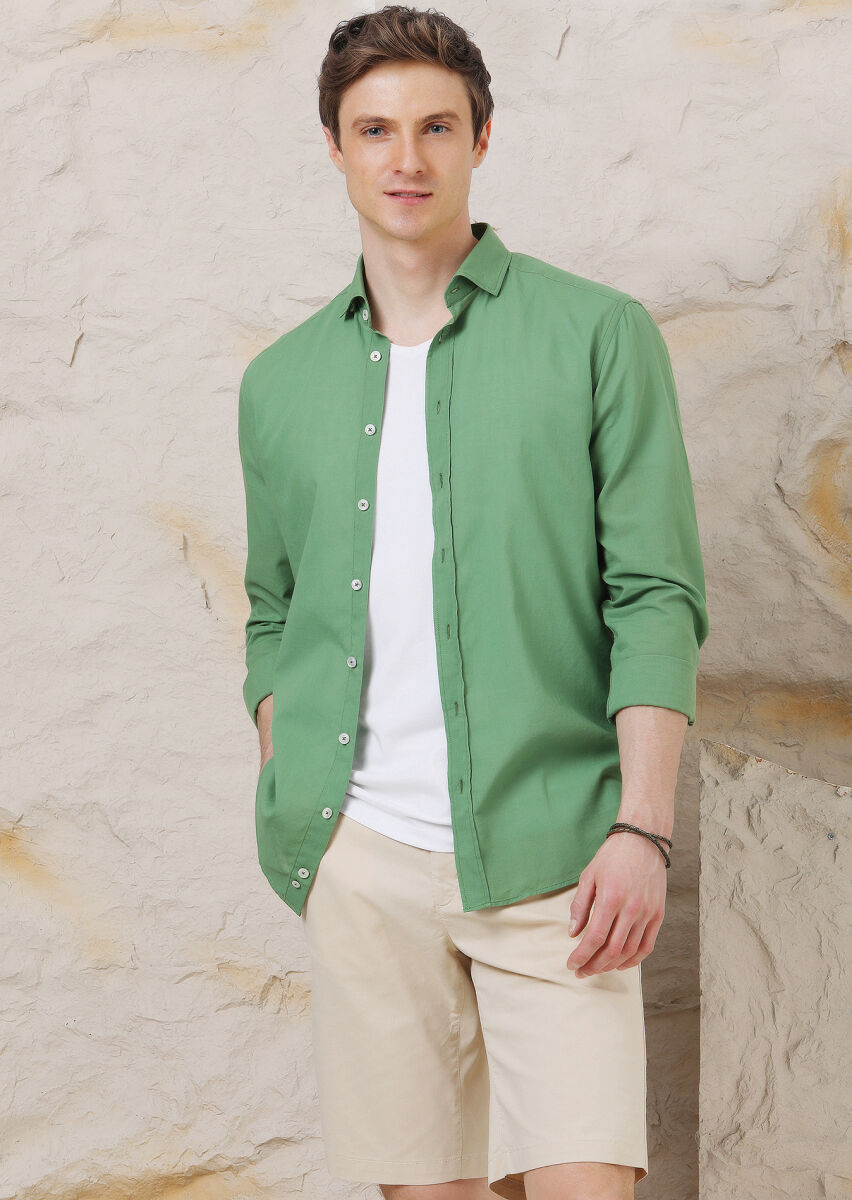 Green Plain Regular Fit Long Weaving Casual 100% Cotton Shirt - 4