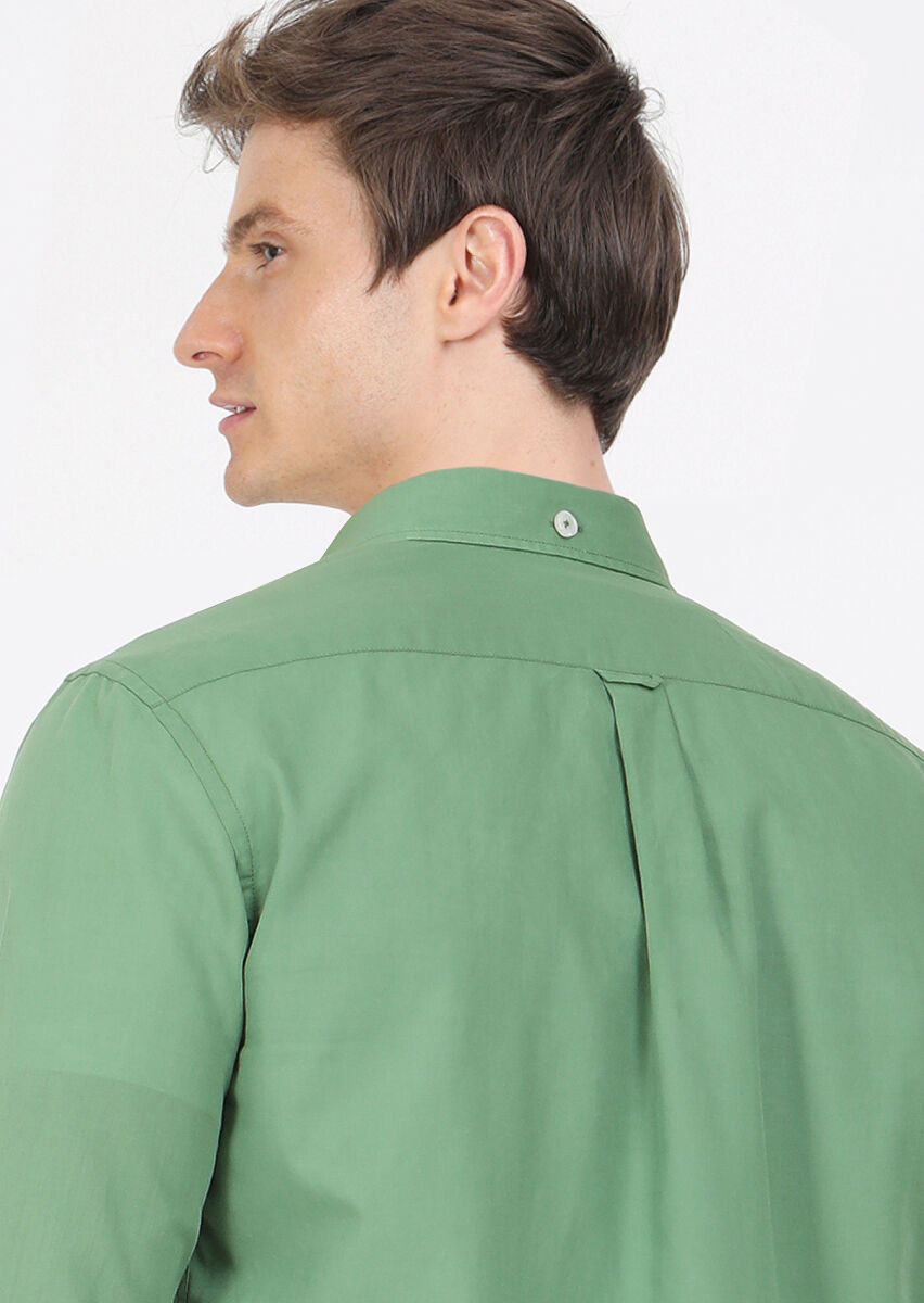 Green Plain Regular Fit Long Weaving Casual 100% Cotton Shirt - 6